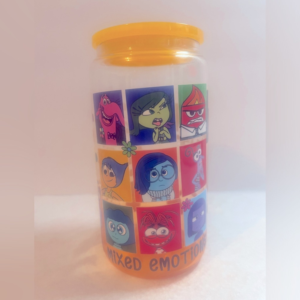 16 oz. Libby glass cup with yellow lid/Inside Out 2